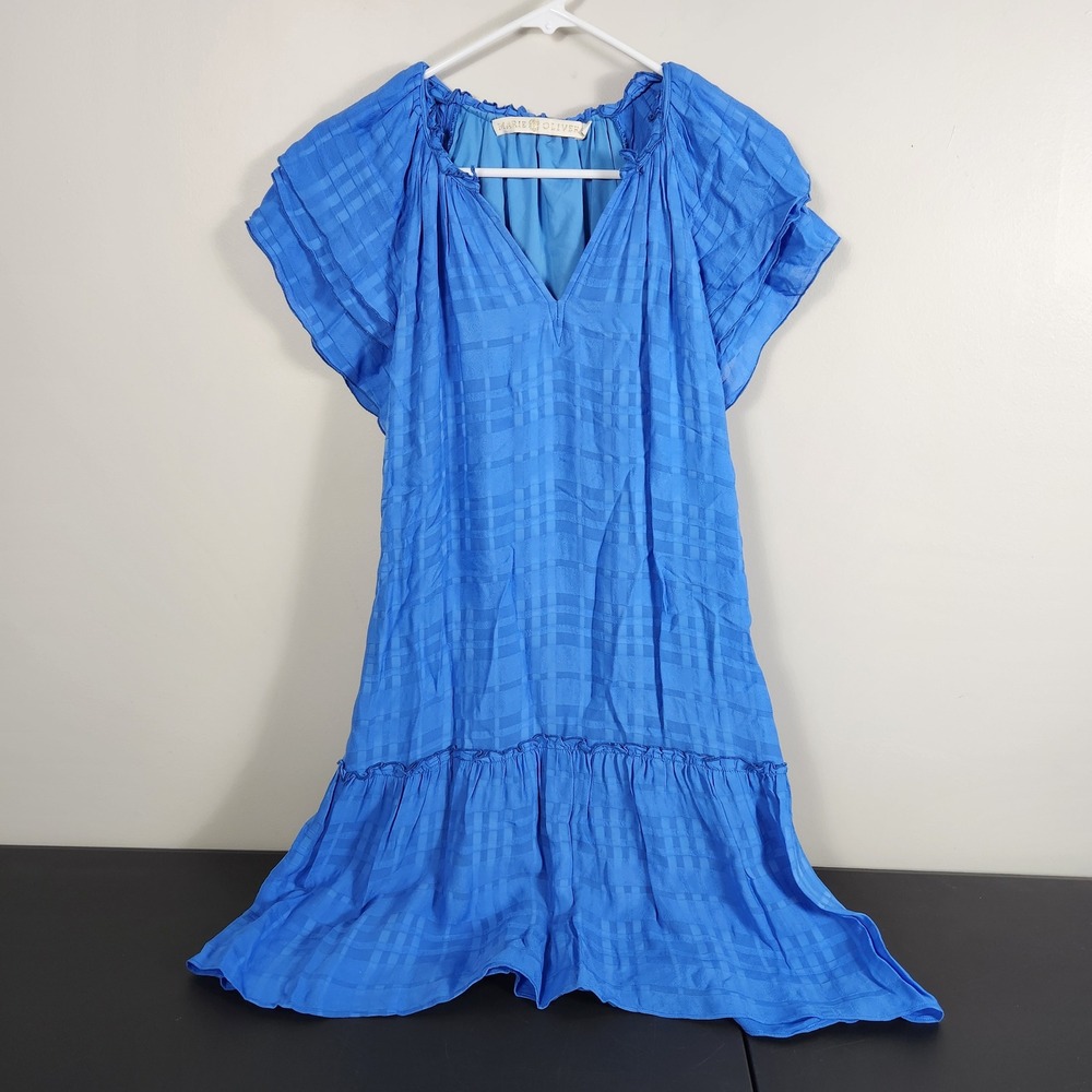 Marie Oliver Blue Plaid Jacquard Tiered Mini Dress V-Neck Coastal Beachy S